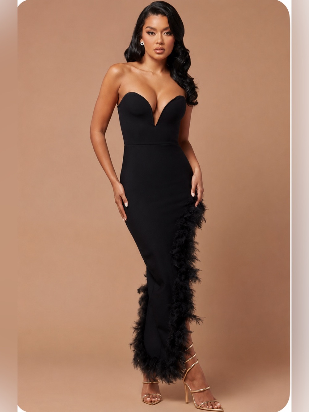 Black Bandage Feather-Trim Pencil Maxi dress